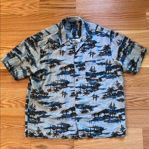 Men’s Vintage Hawaiian Tropical Print Linen Blue and Brown Shirt Sz Lg
